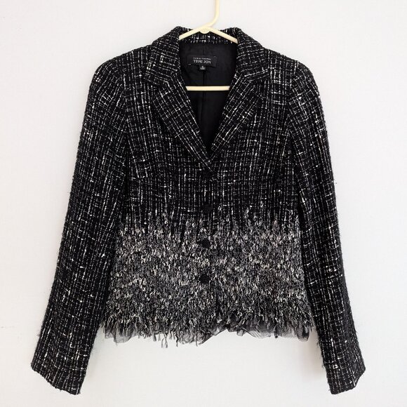Rickie Freeman Teri Jon Tweed Jacket Black & White Fringe Size 6 - Picture 1 of 5